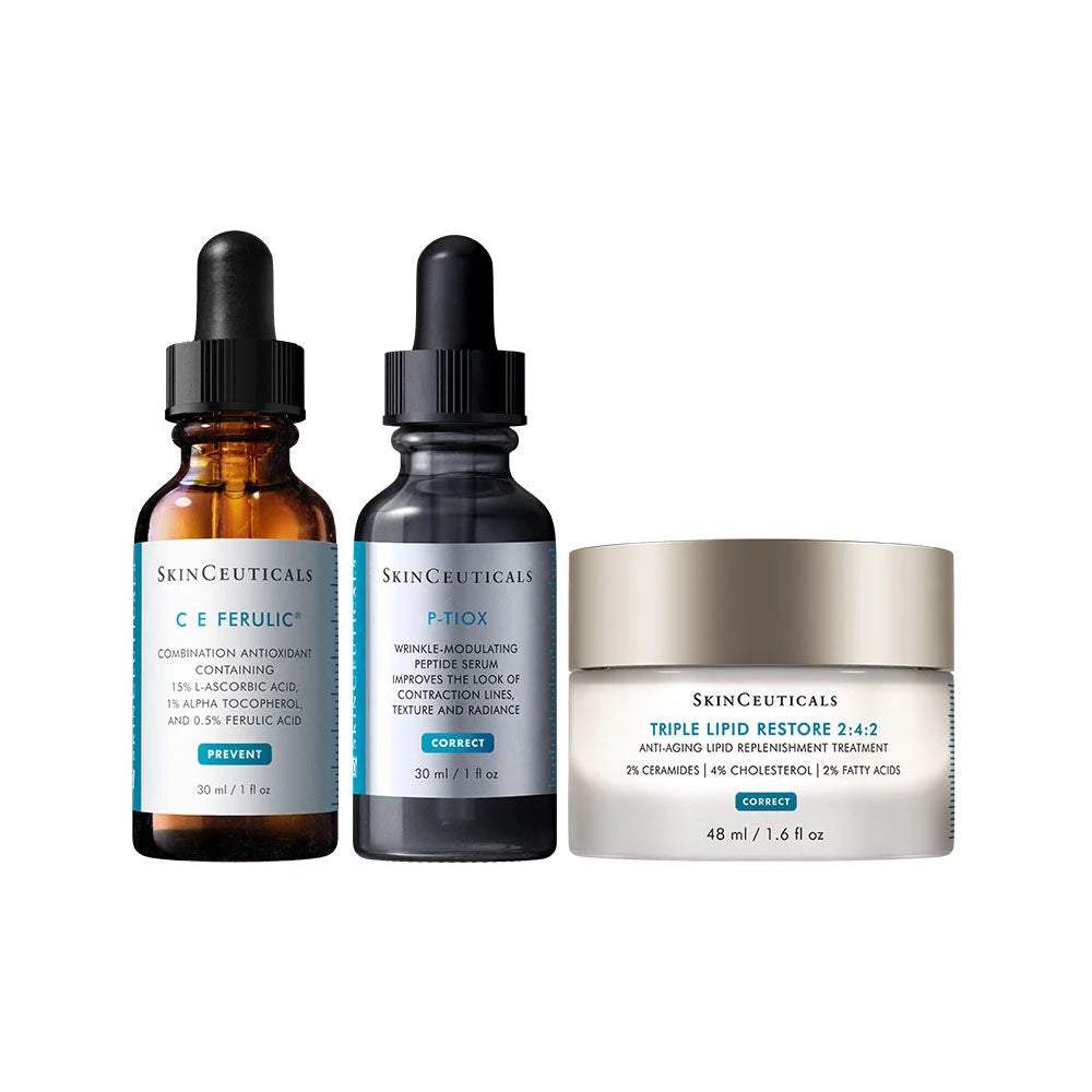 Three SkinCeuticals skincare products: two dropper bottles labeled "C E Ferulic" (amber bottle) and "P-Tiox" (dark bottle), and one white jar labeled "Triple Lipid Restore 2:4:2," all against a white background.