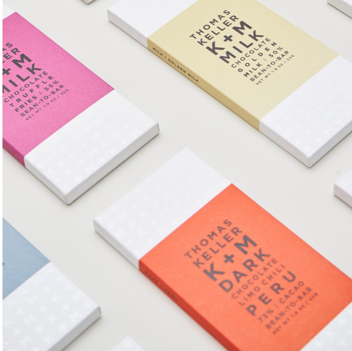 Assorted chocolate bars in colorful wrappers are arranged diagonally on a white surface. Each bar has bold text indicating the chocolate type and origin, such as "Dark Chocolate Peru" and "Milk Chocolate Sea Salt.