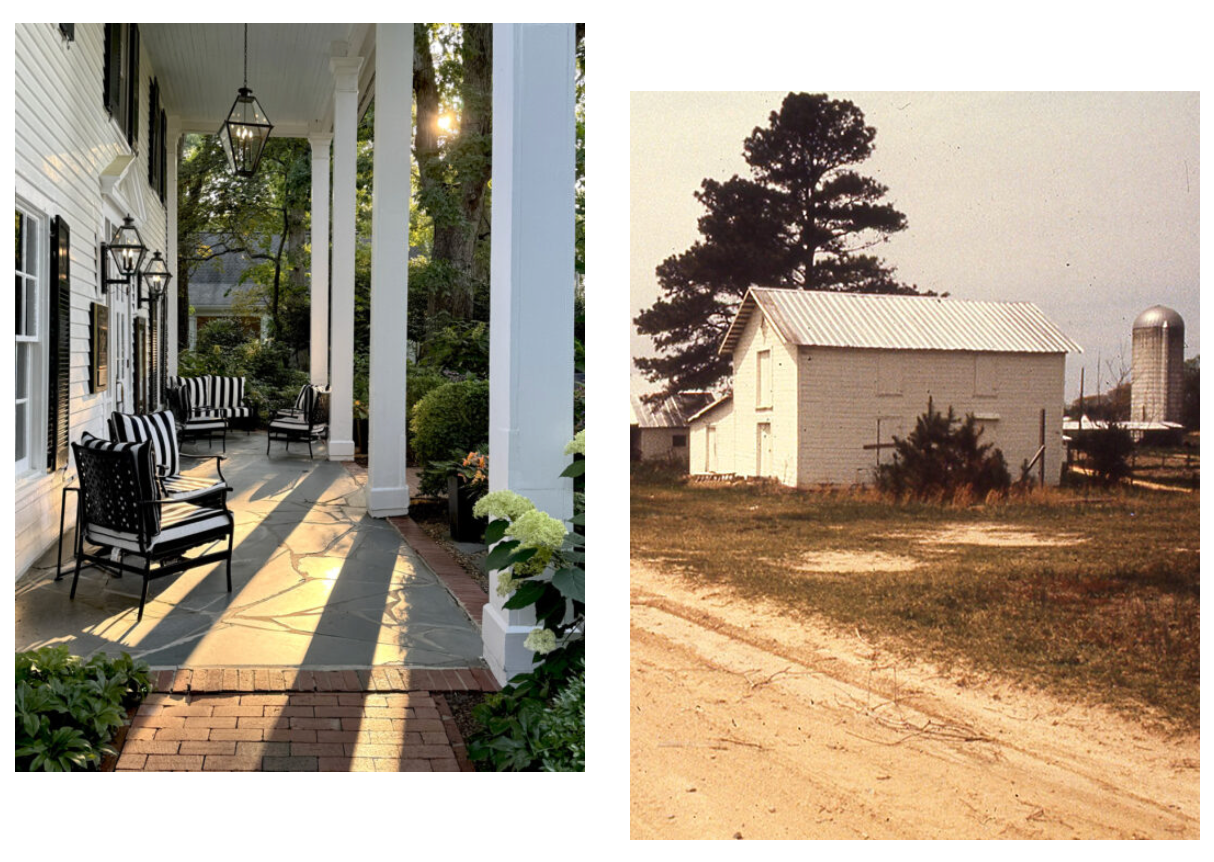 Side-by-side images: on the left, a sunlit porch with black-and-white furniture and tall white columns; on the right, a white barn on a dirt lot with a silo and trees in the background.