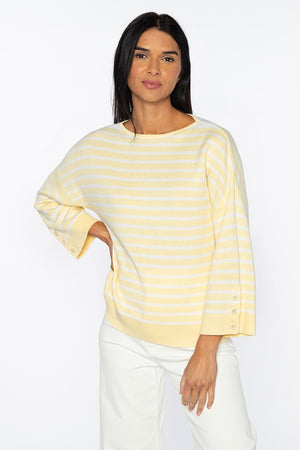 KINROSS CASHMERE - STRIPE BUTTON SLEEVE PULLOVER