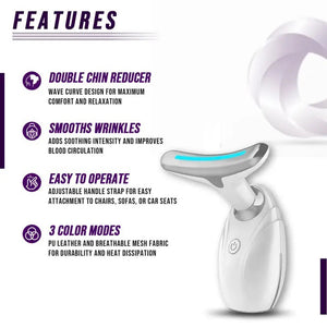 The ETERUS NECK AND FACE LISTING LED THERAPY is a sleek, modern white handheld electric wrinkle removing tool for the face and neck. It features a silver T-shaped top, a glowing blue light strip, and a central power button for easy use.