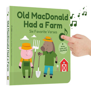 CALI'S BOOKS presents "OLD MCDONALD HAD A FARM NURSERY RHYMES," a green children's book featuring Montessori-inspired illustrations of a pig and a horse dressed as farmers. This interactive board book, which includes quintessential verses from the beloved rhyme, showcases a charming barn illustration and has rounded edges. Children can press the musical note button to engage with the story.