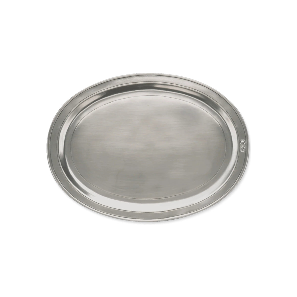 The MATCH PEWTER OVAL INCISED TRAY MEDIUM by MATCH is an elegant oval pewter serving tray with incised details and slightly raised edges, shown on a white background.