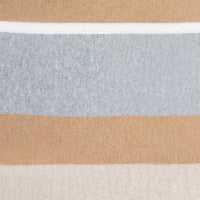 An abstract image reminiscent of KINROSS's Fringe Triangle Wrap in a Stripe, featuring horizontal stripes of varying thickness that evoke the softness of 2ply, 100% Cashmere fabric. The top stripe is beige, followed by a white stripe, a wide light gray stripe, another beige stripe, and capped off with a light cream stripe at the bottom. The muted colors and gently textured surfaces convey the fine knitwear aesthetic typical of KINROSS.