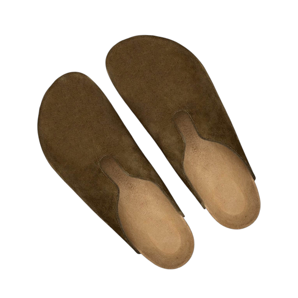 The WP STANDARD - MR. GRUMPY MULES by WP STANDARD are brown suede slip-on slippers with a rounded toe and beige insole, shown on a white background—ideal for those seeking comfortable footwear.