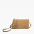 The CORDUROY WRISTLET CROSSBODY by JEN & CO, ideal for your fall wardrobe, is a brown corduroy bag featuring a detachable shoulder strap and gold hardware. It offers a convenient zipper closure against a plain white backdrop.