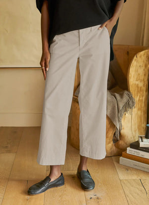 The FRANK & EILEEN Westport Italian Wide Leg Chino in Cement features belt loops, side pockets, and a front zipper, shown laid flat on a white background.
