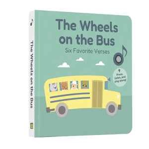 A green children's book titled "CALI'S BOOKS - The Wheels on the Bus Nursery Rhymes" from CALI'S BOOKS. The cover features a yellow bus with cartoon animal passengers and a music note icon, indicating the toddlers' sound book plays music. The book has a press, listen, and sing-along feature perfect for little ones.