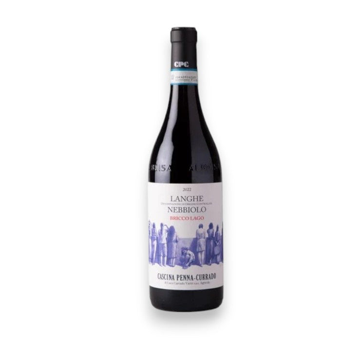 A bottle of CASCINA PENNA-CURRADO LANGHE NEBBIOLO 2023 by WINE: KELLOGG SELECTIONS, from Piedmont, with a white label featuring a blue-toned illustration of people.