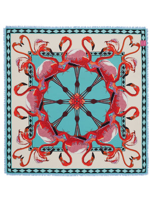 The FRANCO FERRARI - CIALDA DOUBLE SIDED FRINGE SILK SCARF 90CM, made of 100% silk, features a vibrant double-sided pattern in green, pink, orange, white, and brown hues. This colorful scarf can be folded into a triangle and tied at the top and is finished with fringed edges.