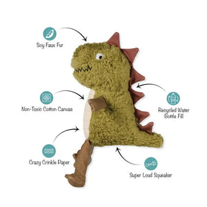 The FRINGE STUDIO - SMALL ARMS BIG HEART DOG TOY from PET SHOP BY FRINGE STUDIO features a plush green body with brown spikes. This eco-friendly toy includes soy faux fur, non-toxic cotton canvas, recycled water bottle fill, crazy crinkle paper, and a super loud squeaker, making it perfect for interactive play with your pet.