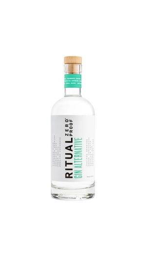 A clear glass bottle with a wooden cap, labeled "RITUAL ZERO PROOF-GIN ALTERNATIVE." The label, predominantly white with green and black text, features nutritional information and a description of the non-alcoholic gin, ideal for health-conscious consumers.