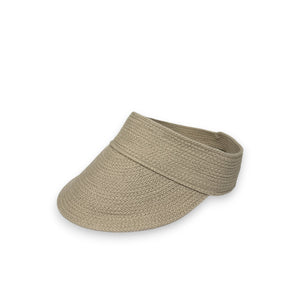 The BEACH HARE - JUNIE VISOR from BEACH HARE is a white woven golf visor featuring a wide, curved brim and an open top. The material showcases a textured weave pattern, and the visor boasts a simple, elegant design perfect for sunny weather on the tennis court. The background is plain white.