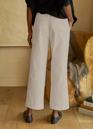The FRANK & EILEEN Westport Italian Wide Leg Chino in Cement features belt loops, side pockets, and a front zipper, shown laid flat on a white background.
