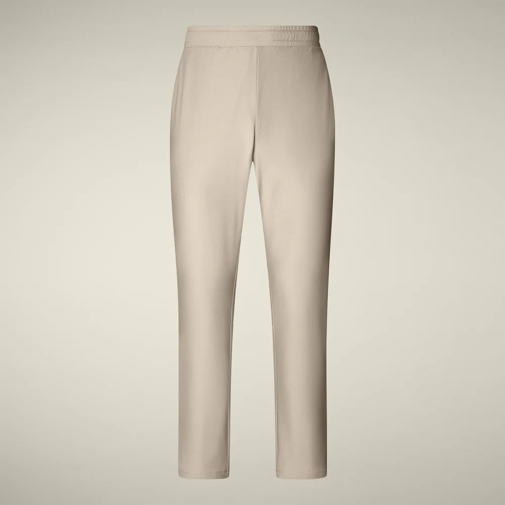 SAVE THE DUCK - MICHAEL MEN&#39;S TECH TROUSERS: Beige straight-leg men’s pants from SAVE THE DUCK, featuring an elastic waistband and crease-resistant stretch fabric, shown on a plain light background.