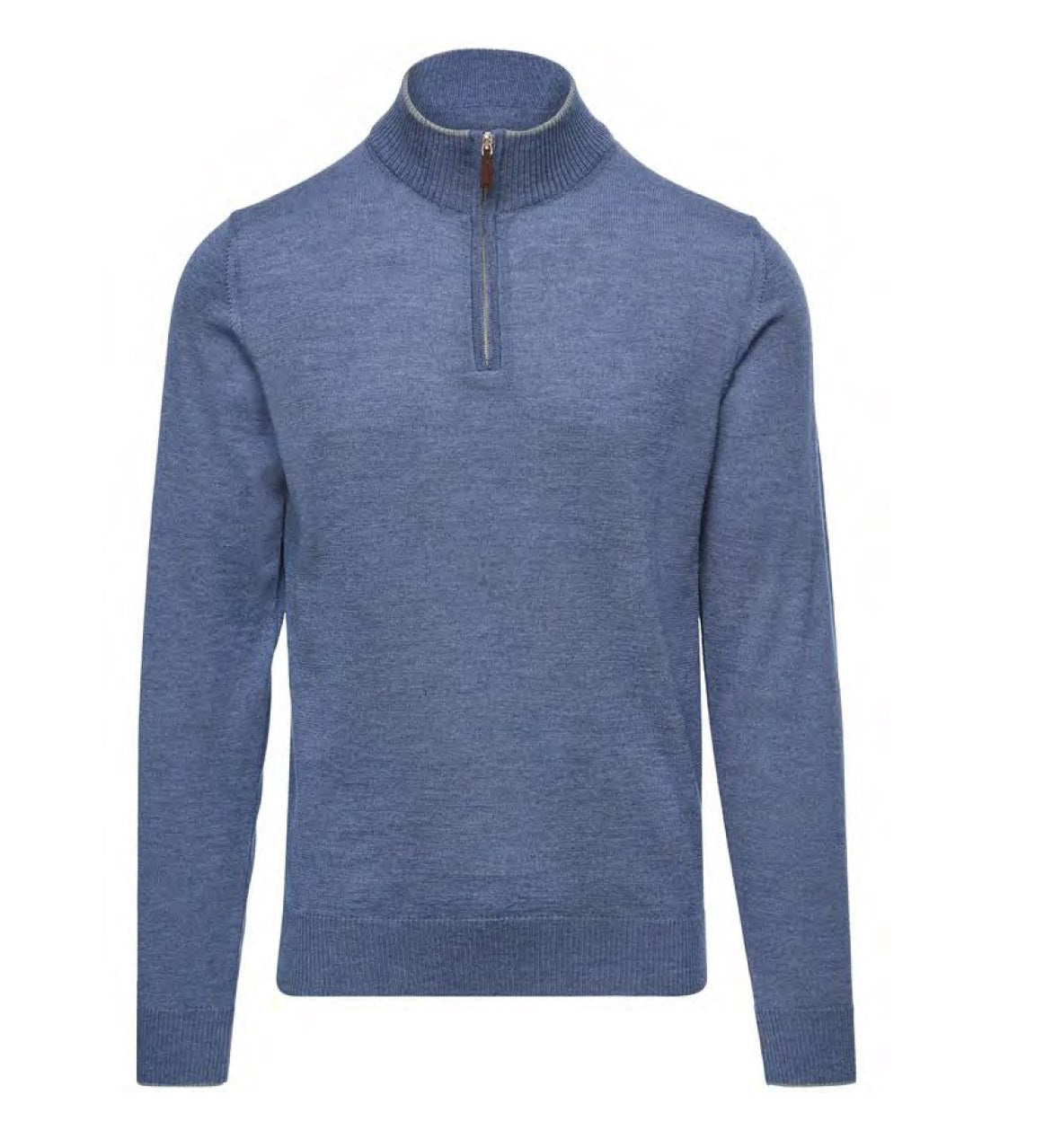The EMANUEL BERG Quarter Zip Merino Wool Sweater in medium blue is crafted from extra-fine wool and features a ribbed high collar with a half-zip front, making it an ideal piece of luxury knitwear.