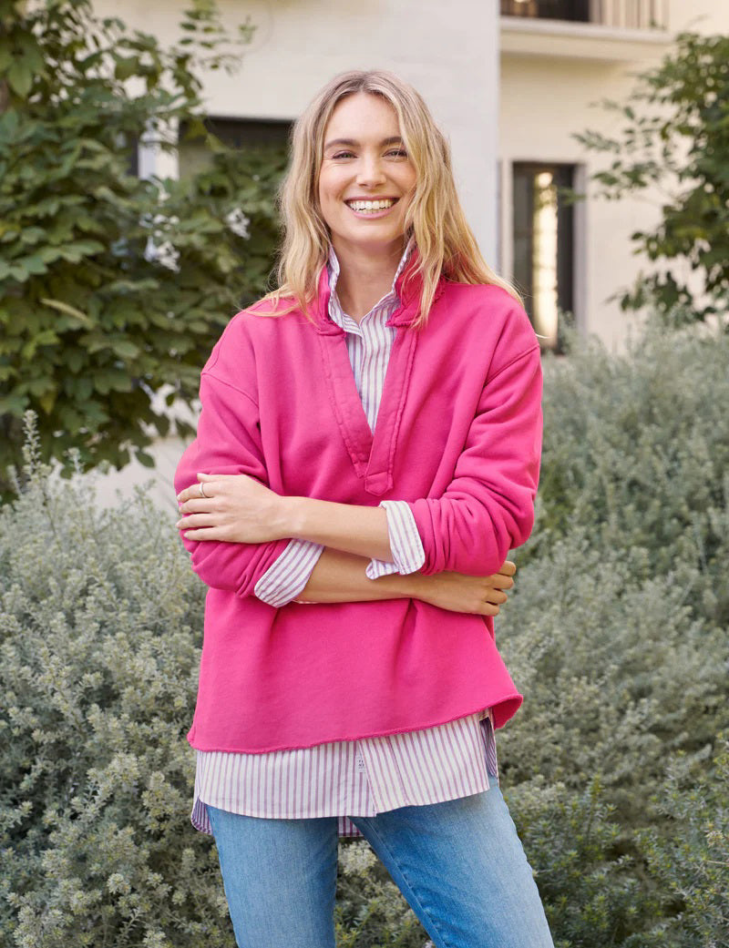 The FRANK & EILEEN Patrick Popover Henley in Triple Fleece Rose features a vibrant pink color, wide collar, subtle V-neck, ribbed cuffs, relaxed fit, and interior brand tag. It is enhanced by a garment-dye process for rich color.