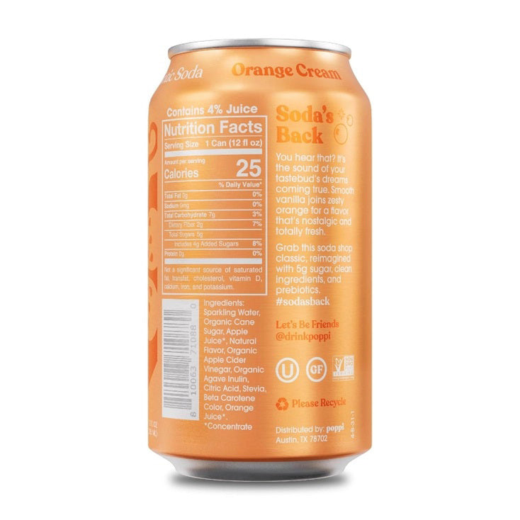 The product shown is a can of POPPI - ORANGE CREAM soda. The can features an orange background with a design that includes an orange slice and a cream swirl. It emphasizes "5g Sugar" and the motto "It’s Time to Love Soda Again" at the bottom. The brand name "POPPI" is prominently displayed, along with benefits for digestive health provided by natural prebiotics from Apple Cider Vinegar.