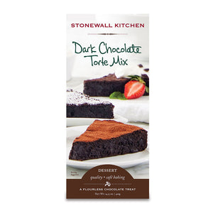 Introducing the STONEWALL KITCHEN- DARK CHOCOLATE TORTE MIX by Stonewall Kitchen. This decadent treat is elegantly presented on the packaging with images of dark chocolate torte slices, one adorned with powdered sugar and the other with cocoa, topped off with a strawberry and mint leaves. A perfect indulgence for chocolate enthusiasts.