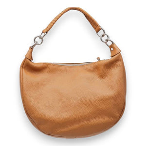 The LEATHER HANDBAG by LISA LIVI is a tan, genuine leather shoulder bag with a soft, textured surface. This Made in Italy handbag features a single strap with silver metal rings attaching it to the body. A zipper runs along the top edge for closure. Its sleek and minimalistic design makes it suitable for casual use.