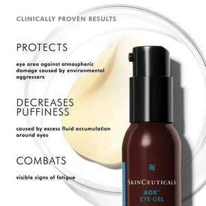 A 15ml bottle of SKINCEUTICALS - AOX EYE GEL. The bottle is brown with a black cap and features blue and white text detailing that it is a triple antioxidant eye serum by SKIN CEUTICALS designed to combat under-eye circles, photoaging, and signs of fatigue.