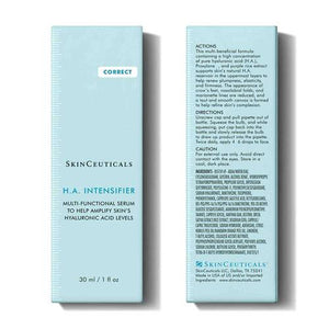 An image showing three drops of beige, lightweight, hyaluronic acid serum on a light background. Text on the image reads: "At a Glance: Texture - Lightweight, serum-gel. Skin Type - Normal, Oily, Dry, Combination, Sensitive. Perfect for skin hydration." Featuring SKINCEUTICALS - HA INTENSIFIER 30M by SKIN CEUTICALS.