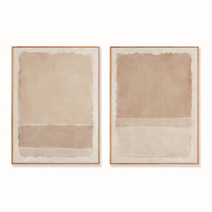 The NAPA HOME AND GARDEN - COMPOSITION IN TAUPE GICLEES feature two abstract paintings with divided rectangular sections in muted beige tones, soft, blended edges, and a light wood frame—perfect for adding a timeless look to any contemporary space.