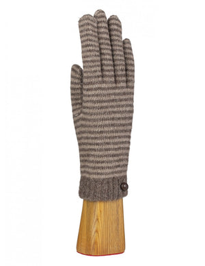 The WOOL AND ANGORA KNITTED GLOVES by SANTACANA MADRID WORLD GLOVE COMPANY, featuring horizontal blue and gray stripes and a small button detail near the wrist, are displayed on a wooden hand model. These gloves offer mobile phone compatibility with their angora-like design.