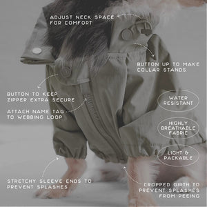 A small dog is wearing an oversized, olive-green, water-resistant jacket with a fur-lined collar. The dog's legs and part of its face are visible, while the rest of its body is covered by the LAMBWOLF COLLECTIVE - BROOKLYN LIGHT & PACKABLE DOG JACKET. The background is a soft, neutral color.