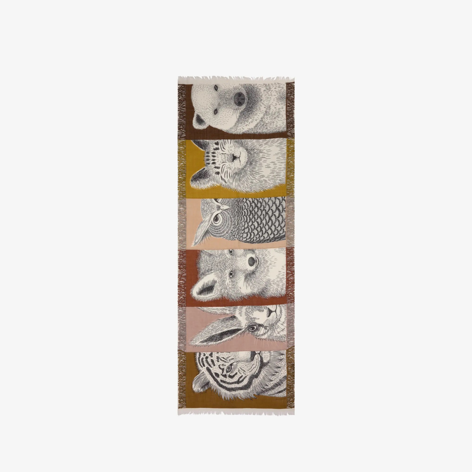 The INOUI EDITIONS - FRERES SCARF from INOUI showcases detailed, black-and-white illustrations of five animal faces— a bear, a fox, an owl, a goat, and a tiger— stacked vertically. Each animal is set against background sections in various colors ranging from yellow to pink tones.