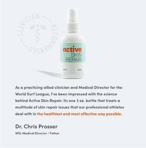 A white spray bottle labeled "ACTIVE SKIN REPAIR - SPRAY ACTIVE SKIN REPAIR" sits at the center of a gray background. Below it, professional mountain biker Brian Lopes shares his testimonial, praising the effectiveness of this hypochlorous (HOCl) formula from ACTIVE SKIN REPAIR for various skin issues and wound care.