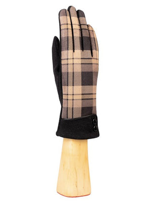 The KNIT CHECKERED GLOVE by SANTACANA MADRID WORLD GLOVE COMPANY is elegantly displayed on a wooden hand stand, showcasing its plaid pattern in shades of brown, gray, and black. This knitted women's glove provides comfort and warmth with its dark cuff accented by two dark buttons.