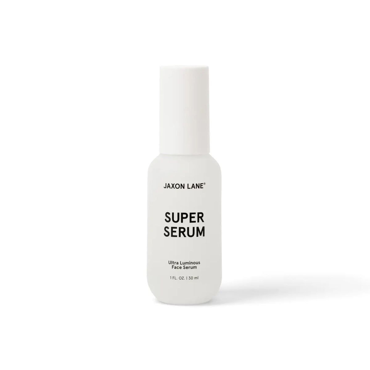 A white bottle labeled &quot;JAXON LANE - SUPER SERUM ULTRA LUMINOUS FACE SERUM FOR MEN,&quot; 1 fl oz / 30 ml, with a white cap stands upright on a plain white background—ideal for men seeking a brightening serum with niacinamide.