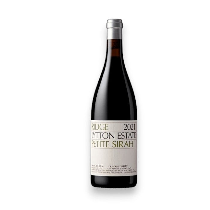 A bottle of RIDGE LYTTON SPRINGS PETITE SIRAH 2021. Created by Winebow in Sonoma County, it features a dark glass with a silver foil top, and a white label highlighting the winery&#39;s name and vintage in elegant black and gold lettering, offering ripe blackberry notes and a lengthy finish.