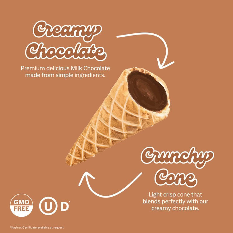 A bag of MUDDY BITES- MILK CHOCOLATE WAFFLE CONES against a brown background. The resealable packaging features the slogan "The Best Bit Over and Over Again" and boasts a 365+ day shelf life. This GMO-free product is also Kosher certified (D).