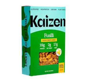 An image of a box of KAIZEN - FUSILLI pasta from KAIZEN FOOD COMPANY highlights its gluten-free, high protein, low carb, and plant-based attributes. The details on the box state: "19g Protein, 2g Net Carbs, 17g Fiber" per serving and feature the phrase "Lean into the Bean" on the side. Each box contains 8 oz (227g).