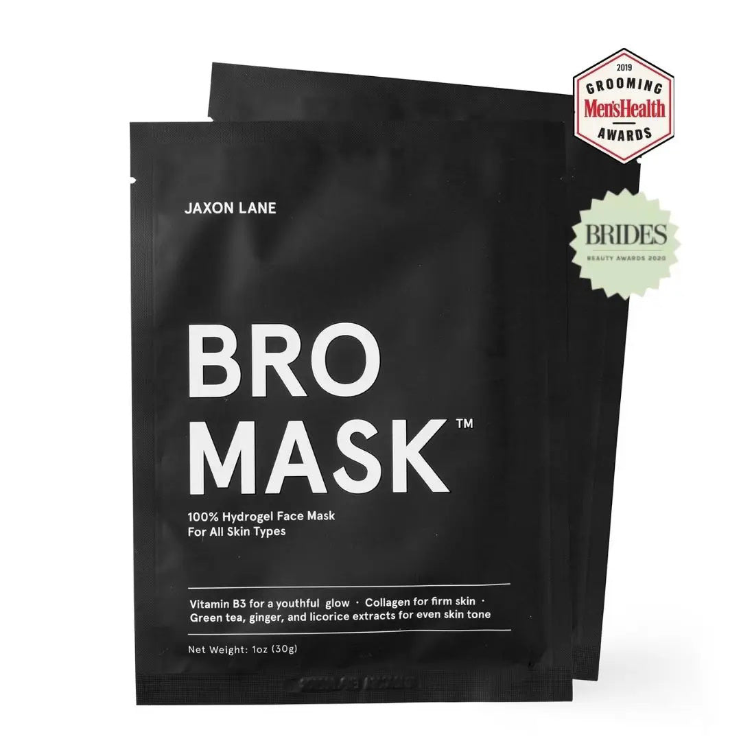 Two black packets of JAXON LANE - BRO MASK HYDROGEL FACE MASK are shown, featuring Men’s Health Grooming Awards 2019 and Brides Beauty Awards 2020 badges—a premium sheet mask for men by JAXON LANE.