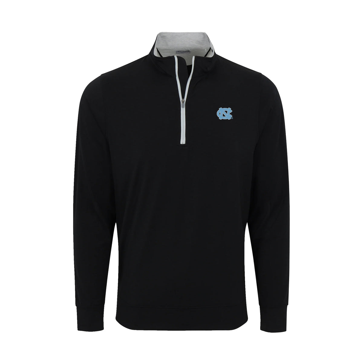 The COLLARS AND CO North Carolina DriRelease Performance Pullover in black features a light gray interior collar, a light blue University of North Carolina logo on the left chest, and a partially open zipper for athletic comfort and style.