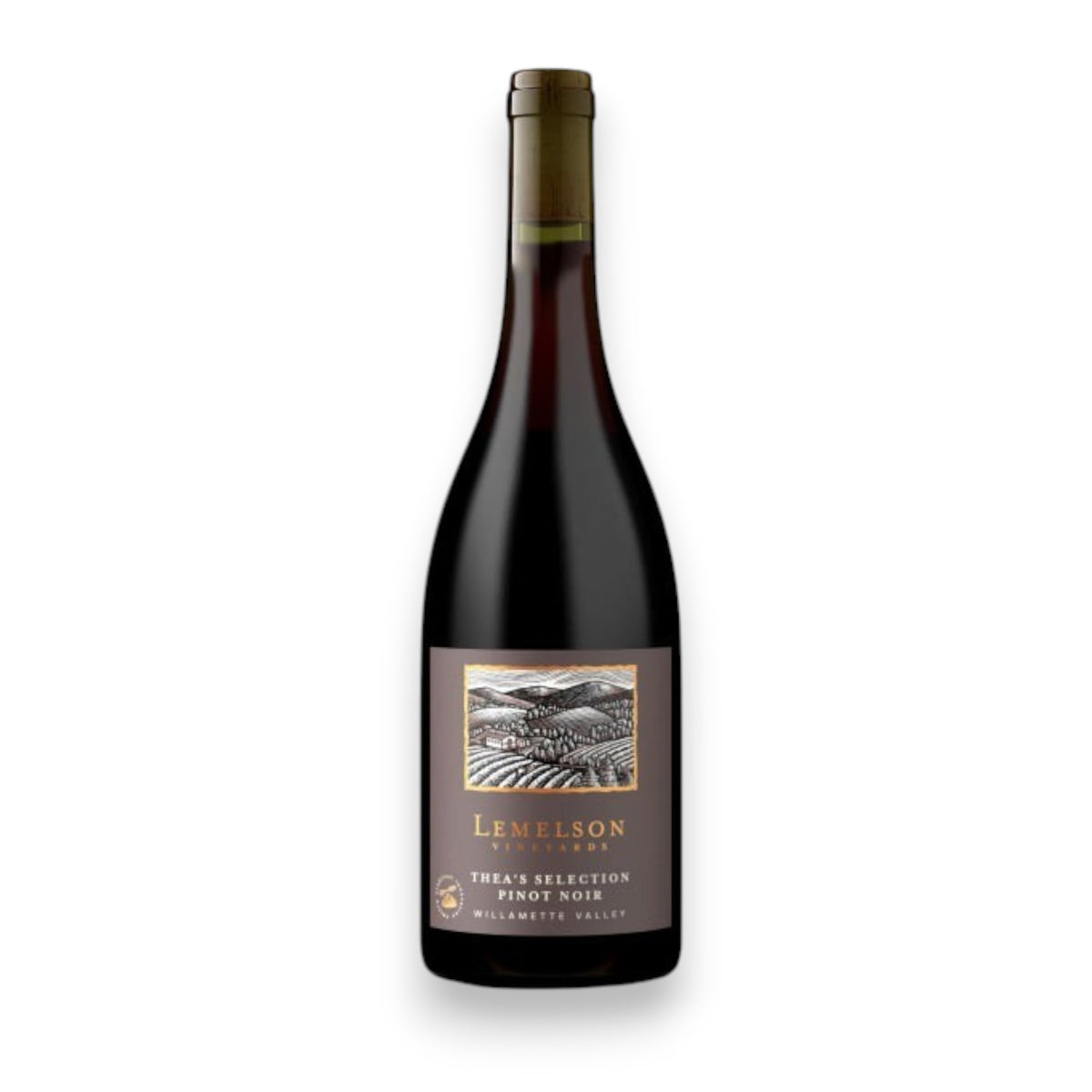 A bottle of LEMELSON 'THEA'S SELECTION' PINOT NOIR 2022 by WINE: WINEBOW, made from organic Willamette Valley grapes, features a dark glass body and a vineyard-illustrated label.