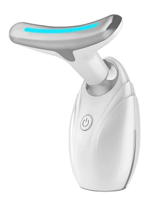 The ETERUS NECK AND FACE LISTING LED THERAPY is a sleek, modern white handheld electric wrinkle removing tool for the face and neck. It features a silver T-shaped top, a glowing blue light strip, and a central power button for easy use.