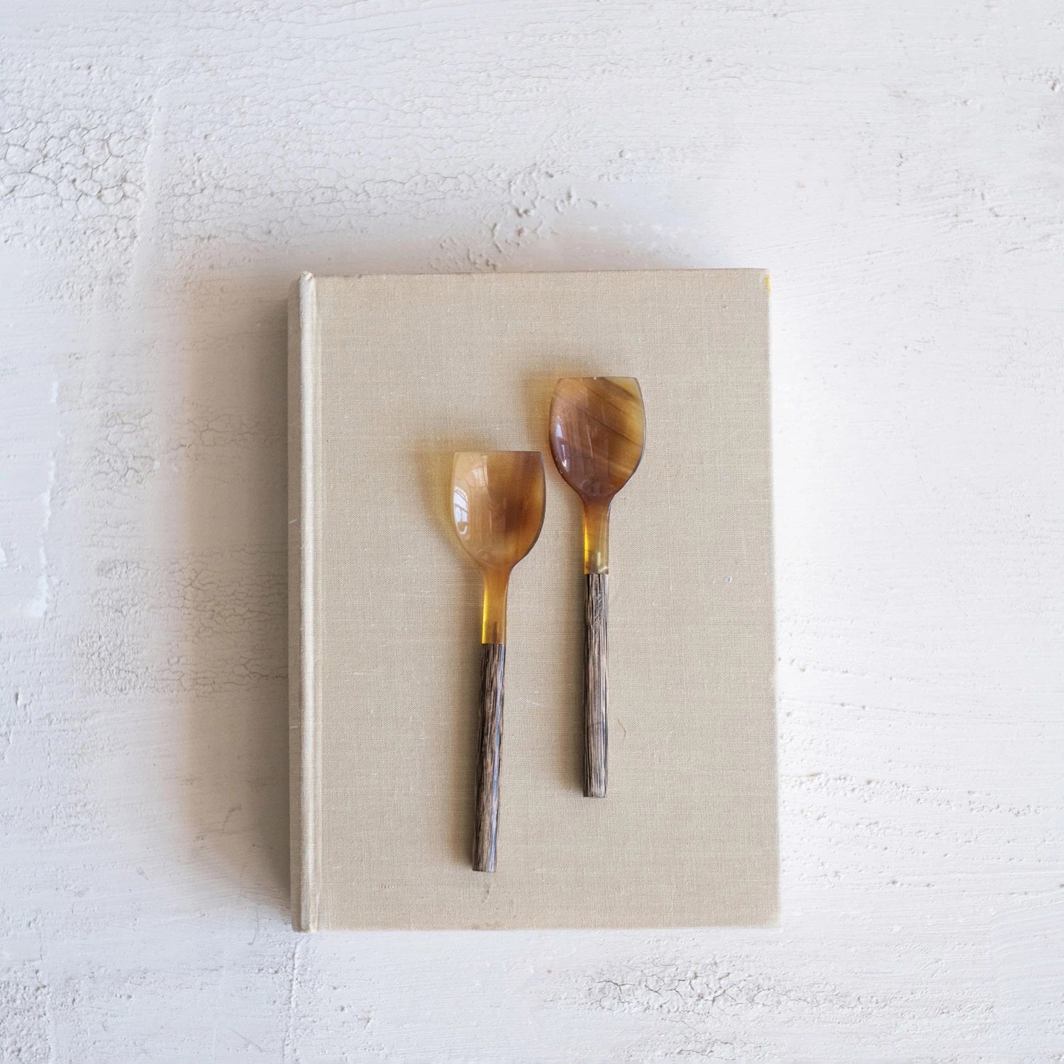 Two NATURAL HORN SPOON WITH WOOD HANDLE SERVING SPOONS by CREATIVE COOP, featuring light brown, smooth heads and darker textured wood handles, are placed vertically side by side against a white background.