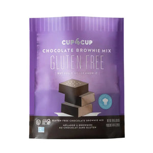 Image of the CUP4CUP GLUTEN FREE CHOCOLATE BROWNIE MIX packaging from the Cup4Cup brand. The front of the pack reads, "Gluten Free Chocolate Brownie Mix," with the text, "But You'd Never Know It!" featuring an image of stacked, premium chocolate brownies and various baking icons underneath.