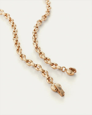 The JENNYBIRD dhani chain necklace is a delicate 14K gold-plated piece with interlinked circular links. It rests against a light neutral background, showcasing its elegant design and durable stainless steel construction.