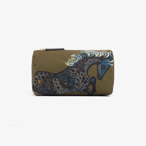 The INOUI EDITIONS - SMALL WESTERN COSMETIC BAG by INOUI is a rectangular, olive-green pouch crafted from eco-friendly recycled polyester. It features a stylized illustration of a horse in shades of blue, black, and grey, adorned with an ornate flowing mane and decorative patterns on its body. The pouch has a zipper closure on top.