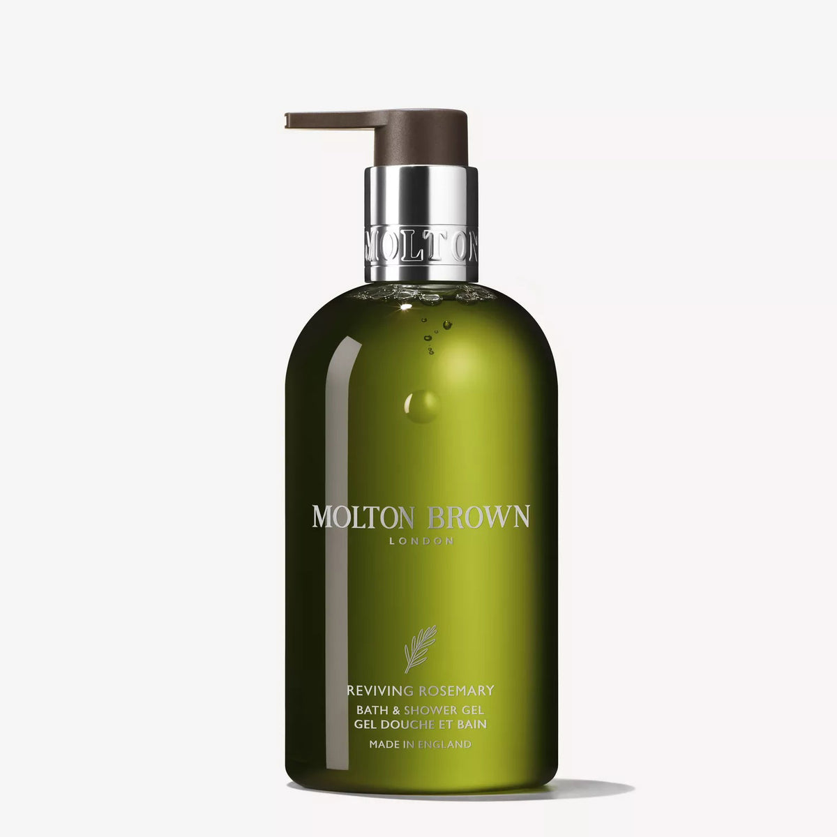 A green 300ml bottle of MOLTON BROWN Reviving Rosemary Bath and Shower Gel with a silver pump, shown on a white background—an invigorating rosemary and eucalyptus body wash for a refreshing cleanse.