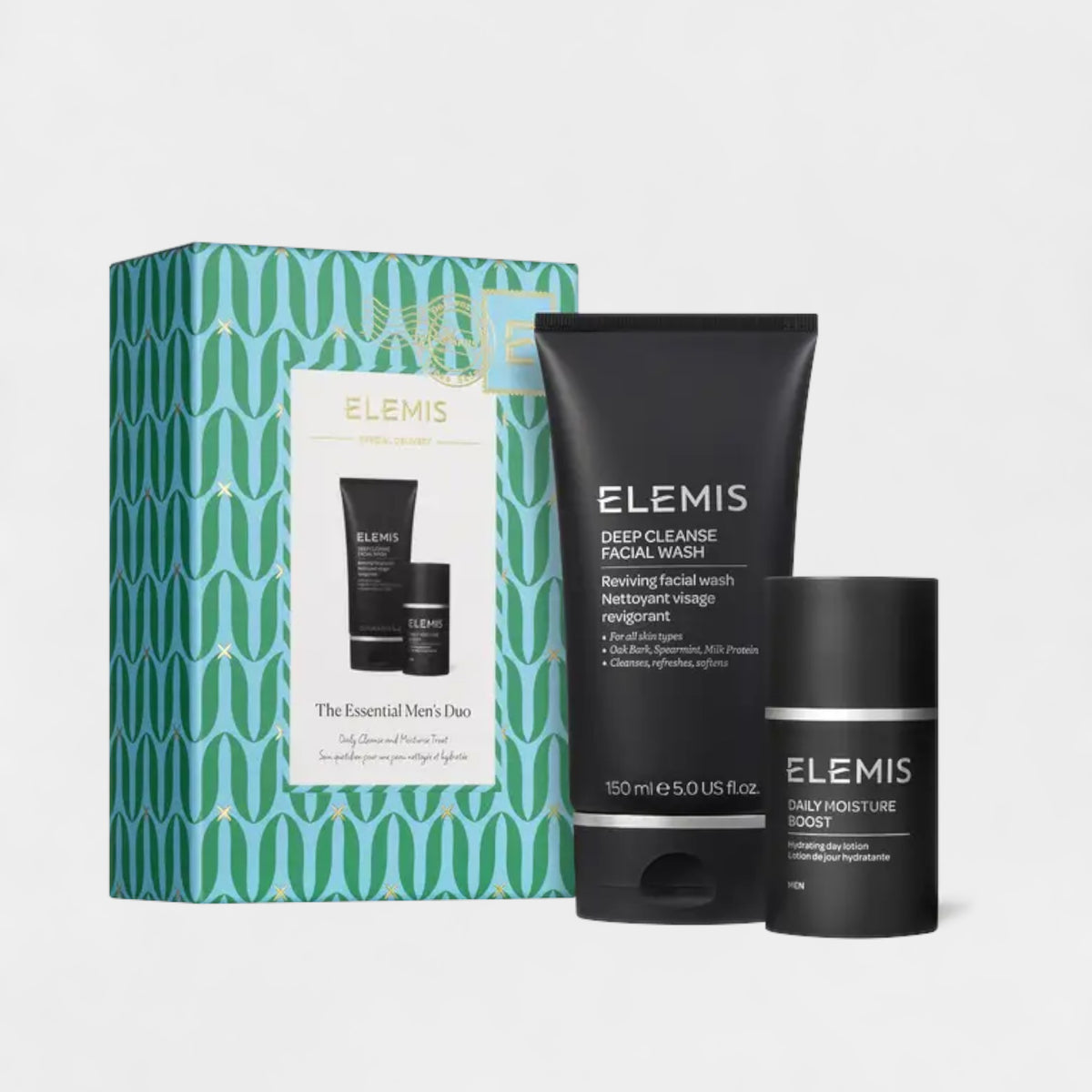 The ELEMIS - THE ESSENTIAL MEN&#39;S DUO KIT by ELEMIS - STEINER features a Deep Cleanse Facial Wash and Daily Moisture Boost for sensitive skin, presented in front of a patterned green and blue box.