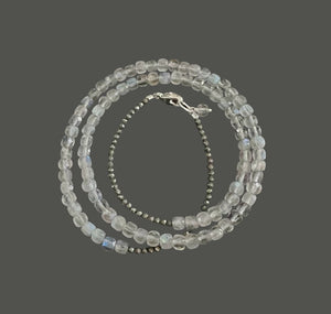 The ANN LIGHTFOOT Triple Wrap Bracelet features square-cut labradorite and pyrite beads with metallic accents and a sterling silver clasp, beautifully displayed on a plain white background.