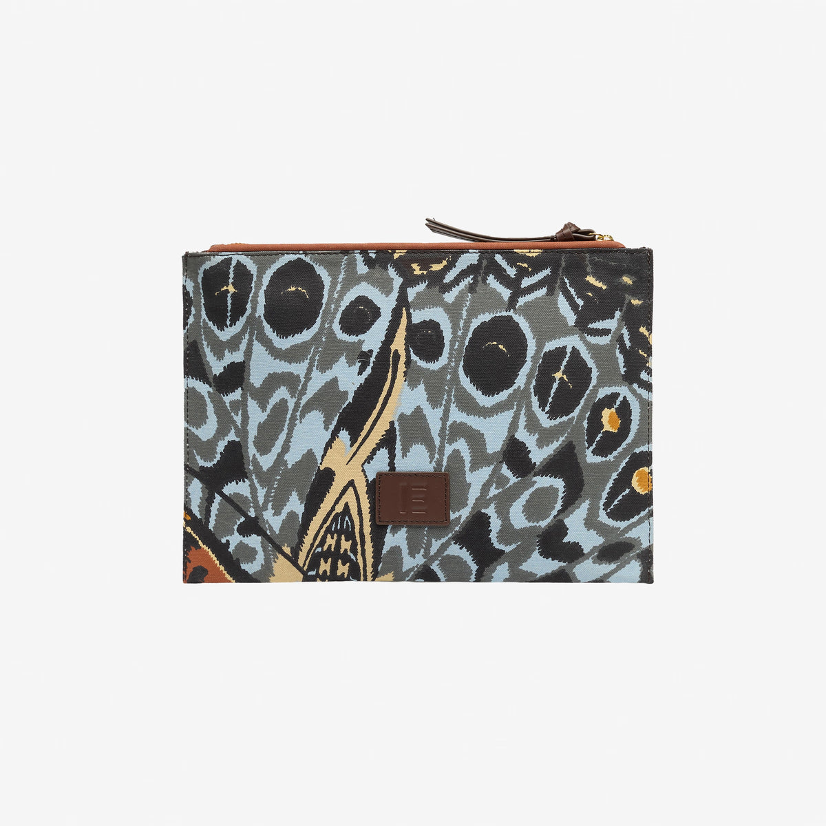 The INOUI EDITIONS - PAPILLON (BUTTERFLIES) POUCH by INOUI is a rectangular pouch with a zippered top, featuring a vibrant abstract butterfly wing print and Italian leather trim, finished with a small brown leather patch on the front.