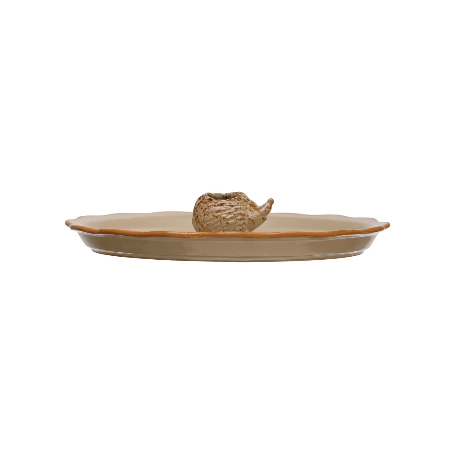 A STONEWARE PLATE WITH HEDGHOG TOOTHPICK HOLDER by CREATIVE COOP features a round, beige stoneware plate with a wavy rim and a brown edge, while the whimsical hedgehog toothpick holder adds charm to its simple elegance.