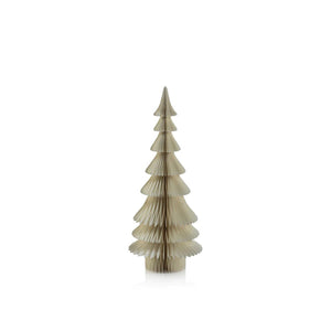 The WISH PAPER DECORATIVE TREE - DAVOS 24IN by ZODAX, with its tiered, folded design and natural beige color, enhances the scene. Set against a plain white background, its elegant dimensions are clear, adding charm to any festive setting.